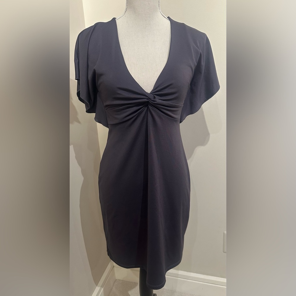 BCBG Generation Dark Grey Flutter Sleeve Knot Front Dress - Size S